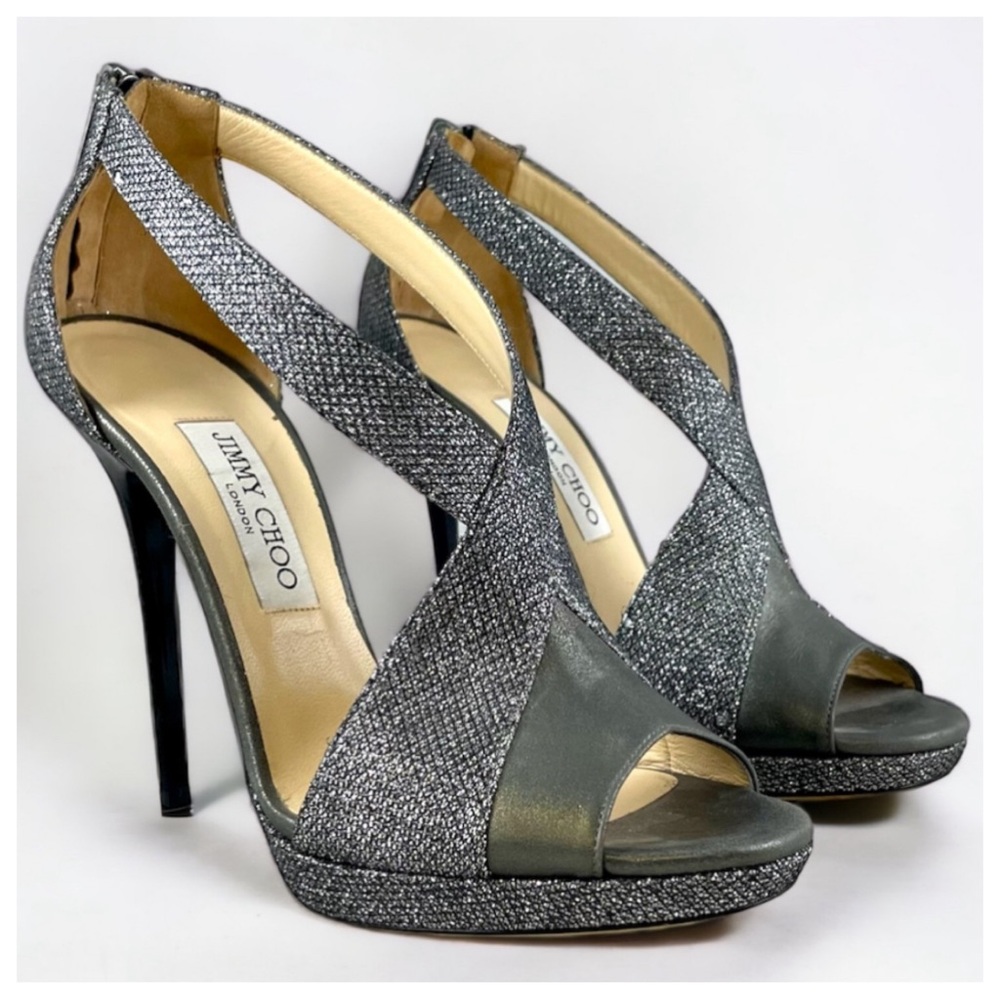 Jimmy Choo Anthracite Lame Glitter Metallic Nappa Sandals